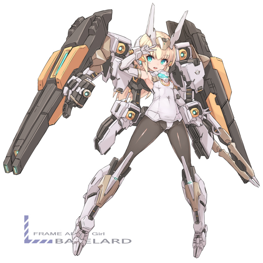 1girl baselard blonde_hair cameltoe frame_arms_girl green_eyes headgear highres karukan_(monjya) looking_at_viewer mecha_musume mechanical_wings megami_device skin_tight solo v wings