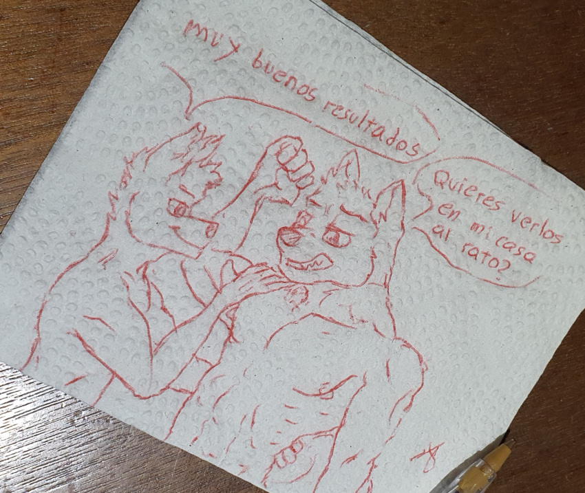 absurd_res anthro body canid canine duo hair hi_res invalid_tag male male/male mammal muscular muscular_male napkin spanish_text text touching_hair wolfyalex96