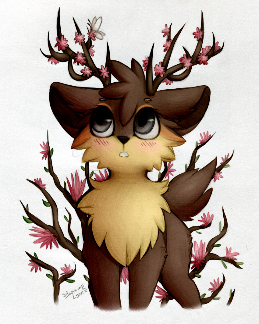 4:5 absurd_res ambiguous_gender arthropod bloominglynx brown_antlers brown_body brown_ears brown_fur brown_inner_ear brown_tail butterfly cheek_tuft chest_tuft duo facial_tuft flower fur generation_5_pokemon glistening glistening_eyes grey_eyes hi_res insect lepidopteran nintendo plant pokemon pokemon_(species) quadruped sawsbuck simple_background tan_body tan_fur traditional_media_(artwork) tuft video_games white_background