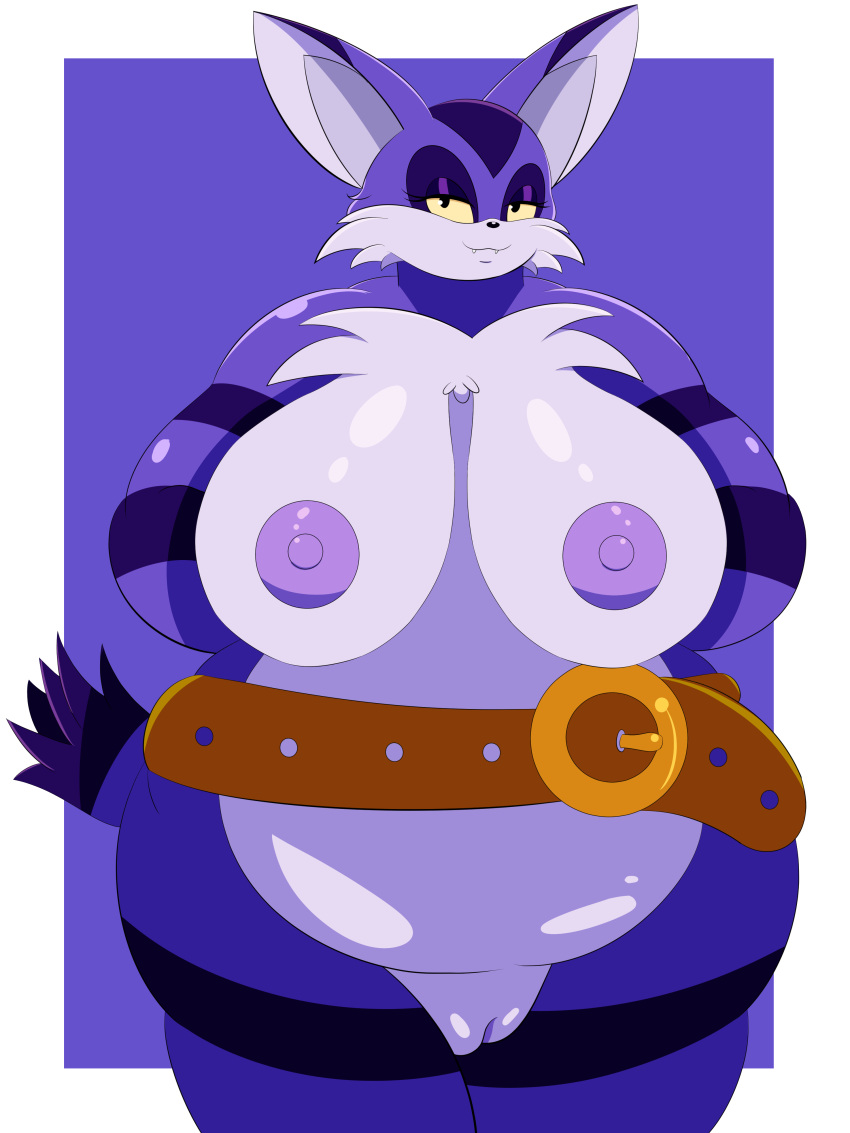 3:4 absurd_res anthro areola big_breasts big_the_cat breasts chillyspicky chubby_female crossgender domestic_cat felid feline felis female fur hi_res mammal mtf_crossgender multicolored_body multicolored_fur nipples overweight overweight_female purple_body purple_nipples sega slightly_chubby solo sonic_the_hedgehog_(series) thick_thighs video_games