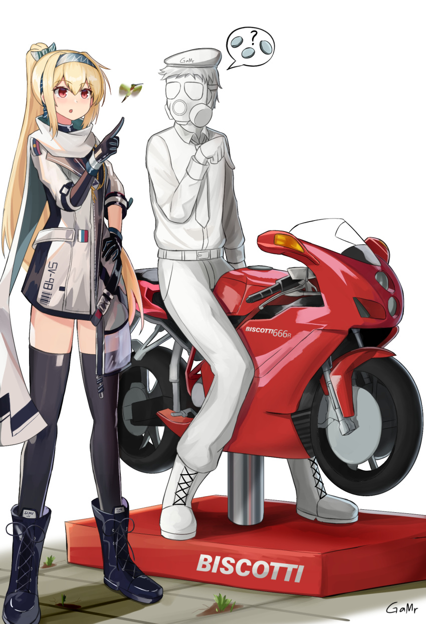 1girl artist_name blonde_hair bow gamryous girls'_frontline gloves green_hairband ground_vehicle hair_bow hairband highres jacket long_hair mod3_(girls'_frontline) motor_vehicle motorcycle original pants ponytail red_eyes russian_flag scarf shirt sv-98_(girls'_frontline) thighhighs very_long_hair white_gloves white_hair white_pants white_shirt