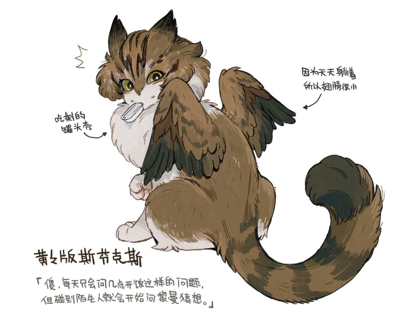 2021 ambiguous_gender brown_body brown_feathers brown_fur chinese_text countershade_face countershade_fur countershading feathered_wings feathers felid feral fur juanmao1997 mammal mythological_sphinx mythology pawpads paws simple_background solo text translation_request white_background wings