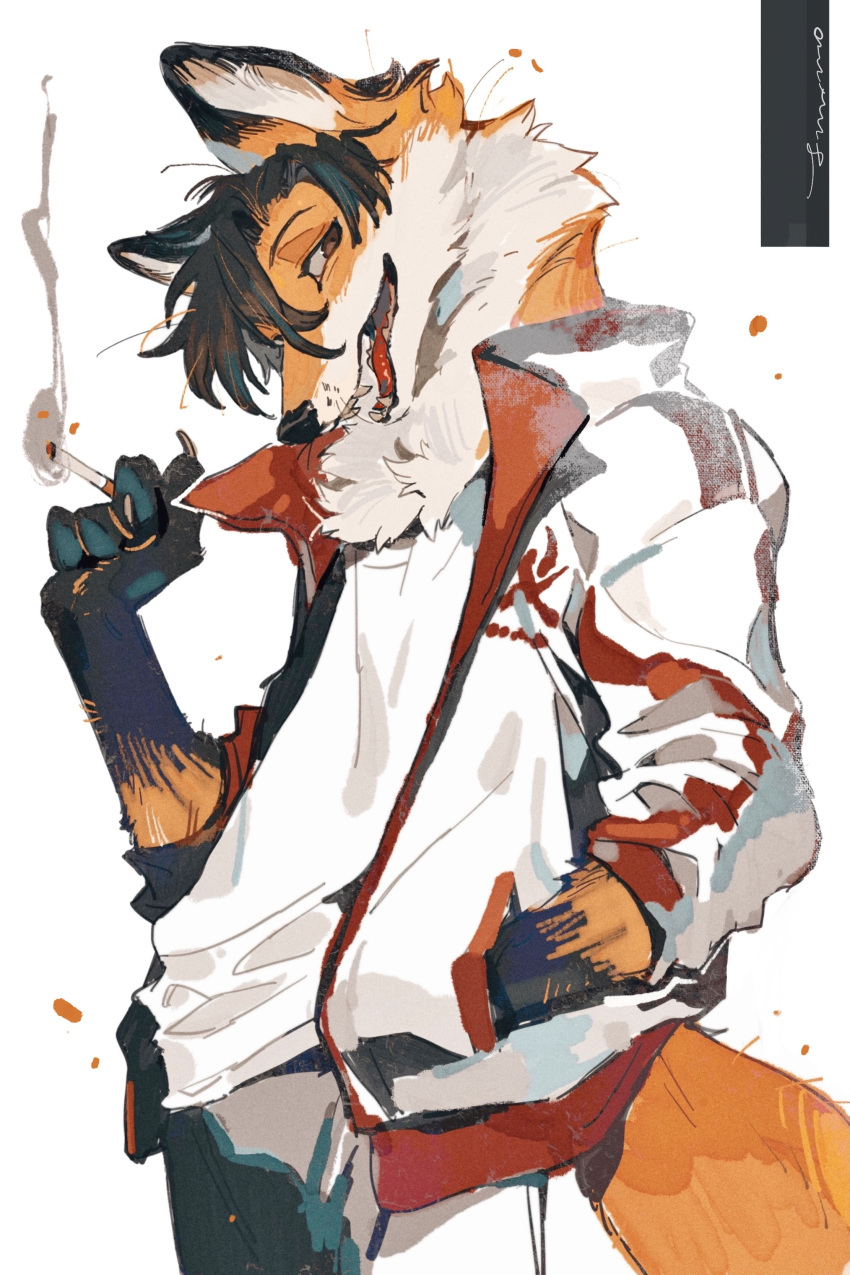 2022 absurd_res alternate_species anthro canid canine cigarette claws clothed clothing countershade_face countershade_fur countershading fangs fox fur fur_tuft hi_res holding_cigarette holding_object inner_ear_fluff juanmao1997 male mammal open_mouth open_smile orange_body orange_fur smile solo the_king's_avatar tuft ye_xiu_(tka)