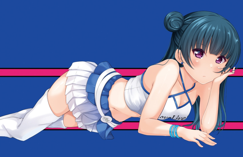 1girl arm_rest blue_background blue_hair blush bracelet breasts cleavage commentary criss-cross_halter crop_top dark_blue_hair earrings hair_bun halterneck head_rest highres hino_minato_(spec.c) jewelry light_frown looking_at_viewer love_live! love_live!_sunshine!! lying midriff miniskirt on_stomach pleated_skirt purple_eyes race_queen single_side_bun skirt sleeveless solo striped striped_background stud_earrings tank_top thighhighs tsushima_yoshiko white_skirt white_tank_top white_thighhighs
