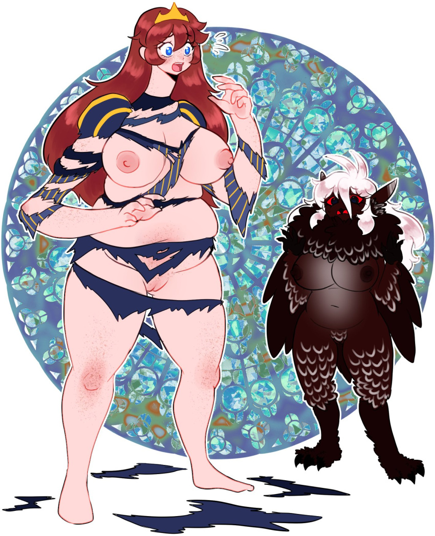 alternate_form alternate_species anthro aspenofsimpcon avian big_breasts bird blue_eyes breasts brown_hair chubby_female clothing crown duo feathers female freckles genitals hair hi_res human humanoid long_arms long_hair long_legs mammal pussy red_eyes slightly_chubby torn_clothing white_hair wren_(aspen)