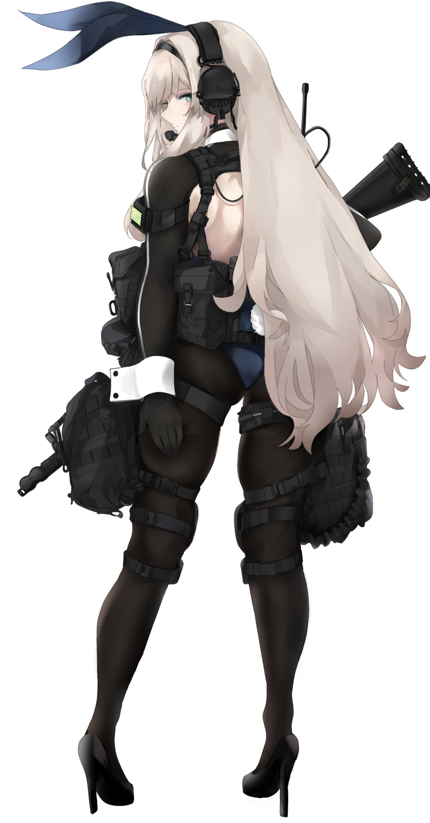 1girl absurdres ammunition_pouch an-94 an-94_(girls'_frontline) animal_ears aqua_eyes aqua_hair assault_rifle backless_leotard backless_outfit black_leotard fake_animal_ears fishnet_pantyhose fishnets from_behind full_body girls'_frontline gun harness headset high_heels highres holding holding_gun holding_weapon holster leotard long_hair pantyhose playboy_bunny pouch pz-15 rabbit_ears rabbit_tail rifle shrug_(clothing) standing strapless strapless_leotard tail thigh_holster thigh_pouch weapon white_background wrist_cuffs