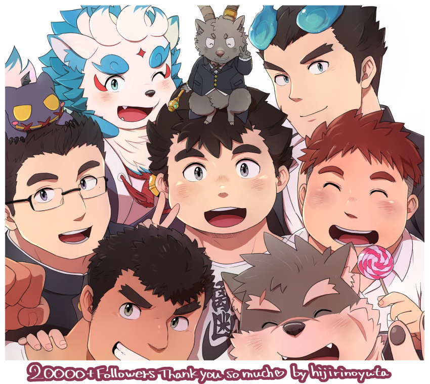 6+boys agyo_(housamo) animal_ears animal_nose aqua_fur black-framed_eyewear black_hair blue_eyes blue_fire blush body_fur border brown_fur brown_hair candy closed_eyes closed_mouth collared_shirt commentary_request creature devil_(housamo) dog_boy dog_ears english_text eyebrow_cut facial_mark fangs fangs_out fiery_hair fire food forked_eyebrows formal furry furry_male gakuran glasses goat_boy goat_horns grey_eyes grin highres hijirino_yuuta holding holding_staff horns komainu_boy komainu_ears lollipop looking_at_viewer male_focus master_5_(housamo) milestone_celebration mole mole_under_eye moritaka_(housamo) multiple_boys open_mouth rimless_eyewear ryota_(housamo) salomon_(housamo) scar scar_on_cheek scar_on_face school_uniform shiro_(housamo) shirt short_hair smile snout staff suit swirl_lollipop thick_eyebrows toji_(housamo) tokyo_afterschool_summoners upper_body white_background white_border white_fur