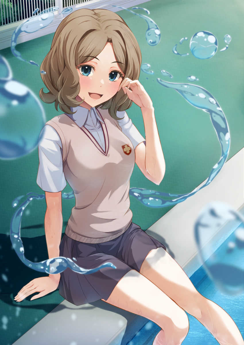 1girl :d adjusting_hair arm_support bangs bare_legs blue_eyes blush breasts brown_hair brown_sweater_vest collared_shirt commentary_request fantasy fence grey_skirt highres hydrokinesis k3rd legs looking_at_viewer open_mouth parted_bangs parted_hair pleated_skirt pool poolside psychic school_uniform science_fiction shirt short_hair short_sleeves sitting skirt smile soaking_feet solo sweater_vest thighs toaru_kagaku_no_railgun toaru_majutsu_no_index tokiwadai_school_uniform wannai_kinuho water water_drop wet white_shirt