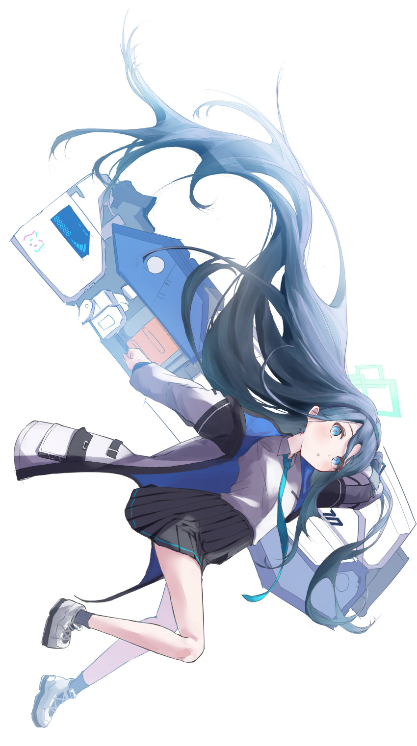 1girl absurdly_long_hair absurdres arisu_(blue_archive) black_hair black_hairband black_skirt blue_archive blue_eyes blue_necktie bright_pupils collared_shirt commentary_request hairband halo highres jacket long_hair moruhinesan multicolored_clothes multicolored_jacket necktie pleated_skirt railgun ringed_eyes shirt skirt tie_clip very_long_hair white_background white_footwear white_pupils white_shirt