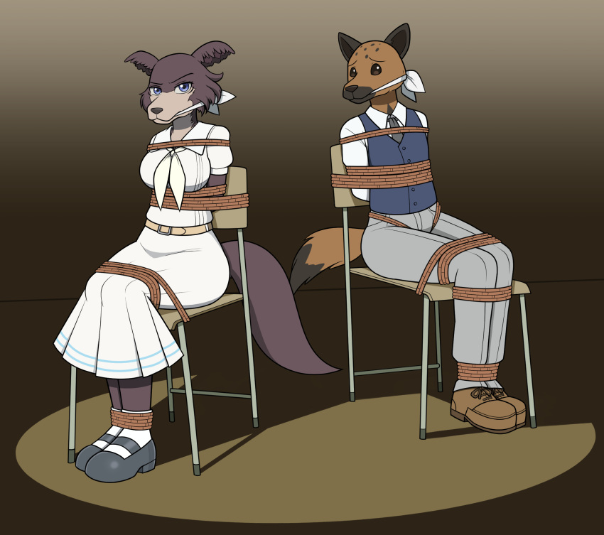 anthro bdsm beastars bondage bound canid canine canis chair chair_bondage cleave_gag clothing crotch_rope duo female furniture gag hi_res hyaenid juno_(beastars) looking_at_viewer male male/female male_and_female_submissive mammal miguno_(beastars) nivek15 panties restraints rope rope_bondage spotlight submissive submissive_male underwear wolf