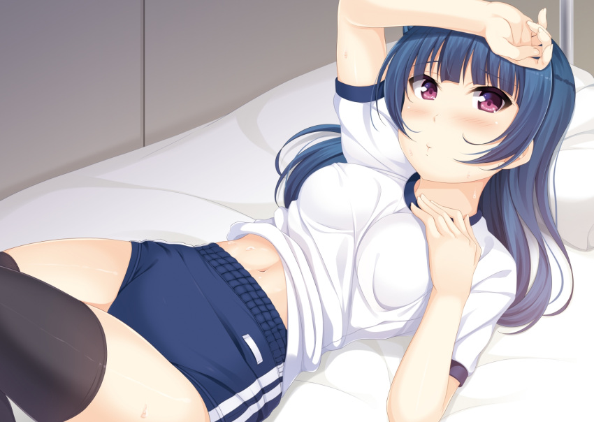 1girl arm_up bed black_thighhighs blue_buruma blue_hair blush breasts buruma commentary dark_blue_hair gym_shirt gym_uniform hand_on_own_chest highres hino_minato_(spec.c) knee_up long_hair looking_at_viewer love_live! love_live!_sunshine!! lying medium_breasts midriff_peek navel on_back on_bed purple_eyes pursed_lips raised_eyebrows shirt short_sleeves solo sweat thighhighs tsushima_yoshiko white_shirt