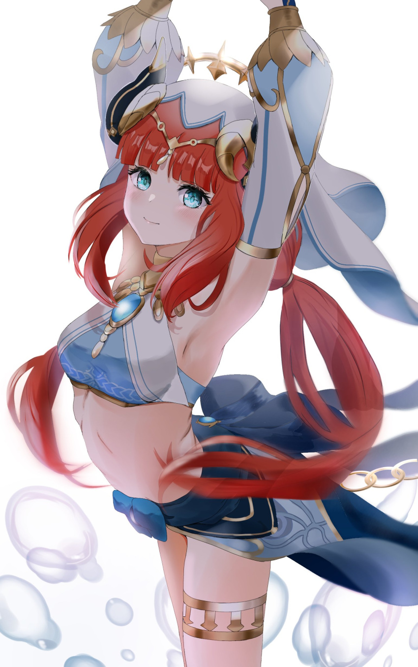 1girl absurdres armpits arms_up blush brooch closed_mouth crop_top detached_sleeves genshin_impact gold_trim green_eyes highres horns jewelry long_hair looking_at_viewer low_twintails mezurashiiaji neck_ring nilou_(genshin_impact) red_hair smile solo thighlet thighs twintails veil