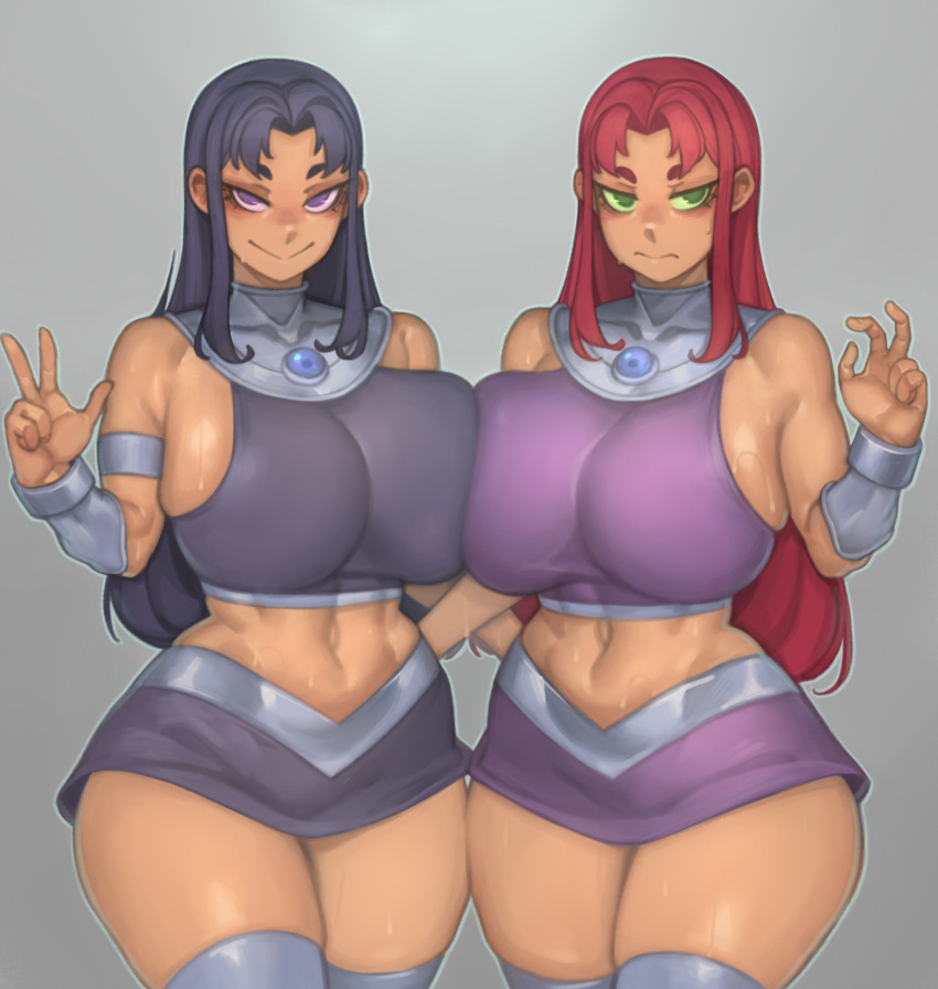 2girls absurdres black_hair blackfire breast_press breasts colored_sclera curvy dc_comics green_eyes green_sclera grey_background hand_on_another's_back highres huge_breasts kelvin_hiu long_hair looking_at_viewer miniskirt multiple_girls navel purple_eyes purple_hair purple_sclera red_hair siblings sideways_glance sisters skirt smile starfire sweat symmetrical_docking teen_titans thick_thighs thighhighs thighs