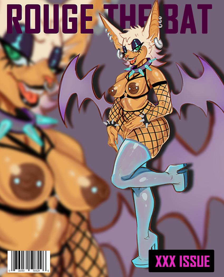 anthro bat_wings breasts butt clothing collar ear_piercing female fishnet footwear hi_res high_heels membrane_(anatomy) membranous_wings nipple_piercing nipples occultgay piercing rouge_the_bat sega solo sonic_the_hedgehog_(series) wings