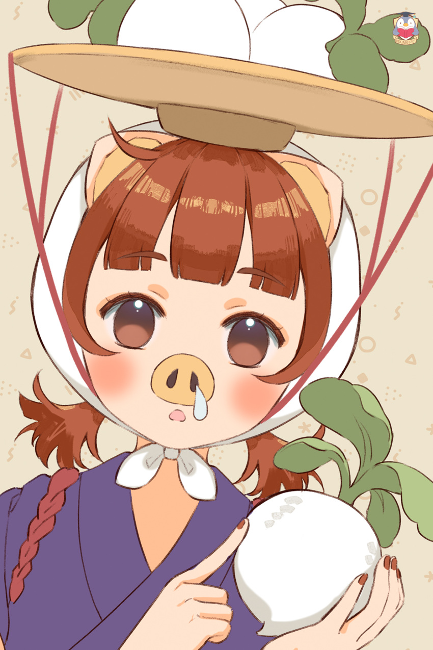 1girl animal_crossing animal_ears bangs blue_kimono blunt_bangs blush brown_eyes brown_hair brown_nails daisy_mae_(animal_crossing) food hat head_scarf highres holding holding_food holding_vegetable japanese_clothes kamui_(kamuikaoru) kimono looking_at_viewer medium_hair object_on_head parted_lips personification pig_ears pig_girl pig_nose runny_nose short_twintails snot solo turnip twintails upper_body vegetable white_headwear