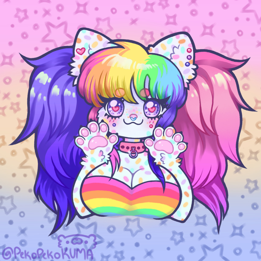 &lt;3 &lt;3_eyes 1:1 anthro big_breasts breasts cheek_piercing collar colorful creamiepuffs domestic_cat dyed-hair ear_piercing facial_piercing felid feline felis female fluffy fluffy_ears hair hi_res mammal multicolored_hair nose_piercing pawpads paws pekopekokuma piercing pigtails ponytail rainbow_hair septum_piercing solo sprinkles star