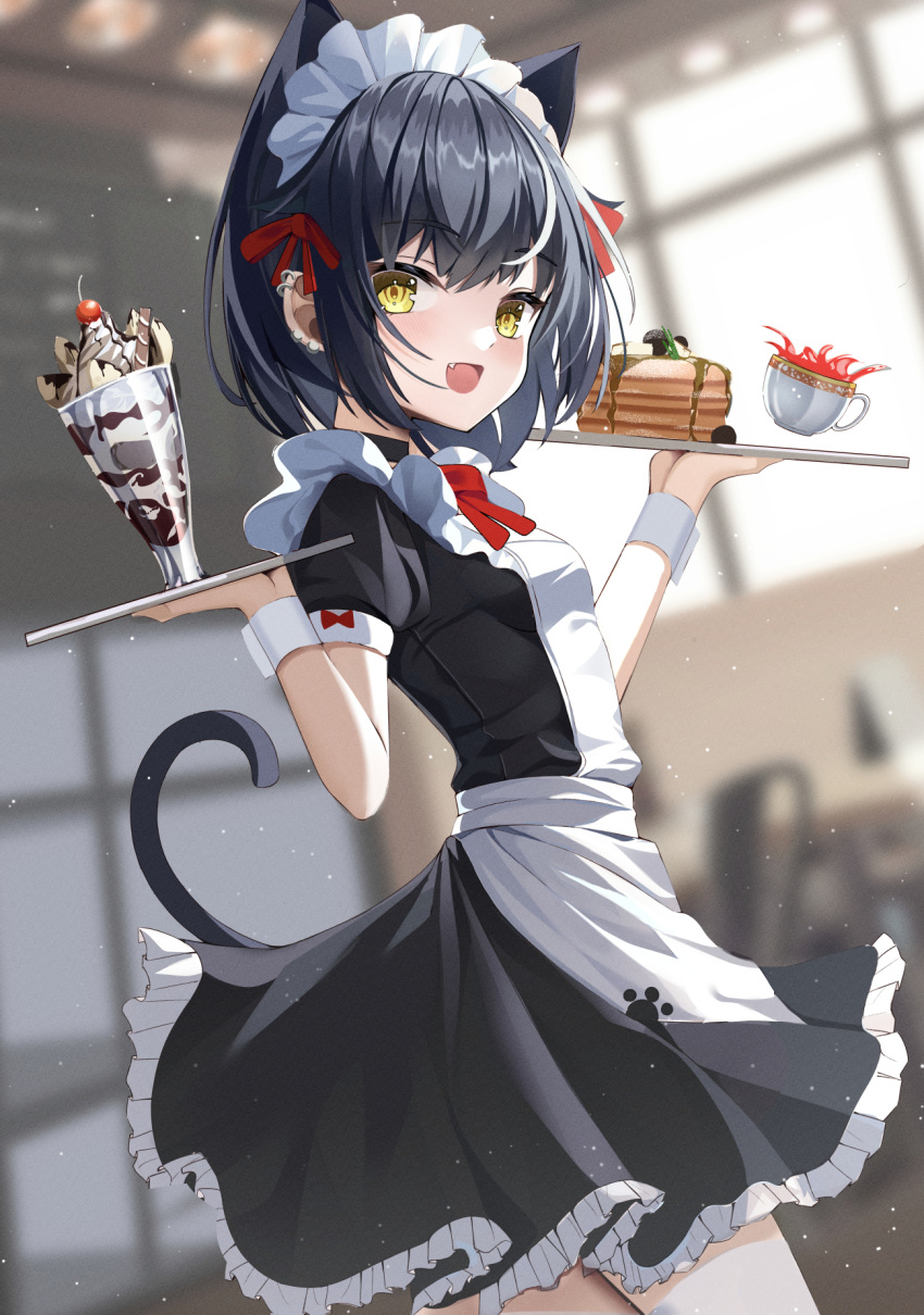 1girl animal_ear_fluff animal_ears bangs black_dress black_hair blush cat_ears cat_girl cat_tail choker dress ear_piercing fang frills hair_ribbon highres kaku_(walletbreaker) maid maid_headdress open_mouth original piercing ribbon short_hair short_sleeve skirt smile tail tray wrist_cuffs yellow_eyes