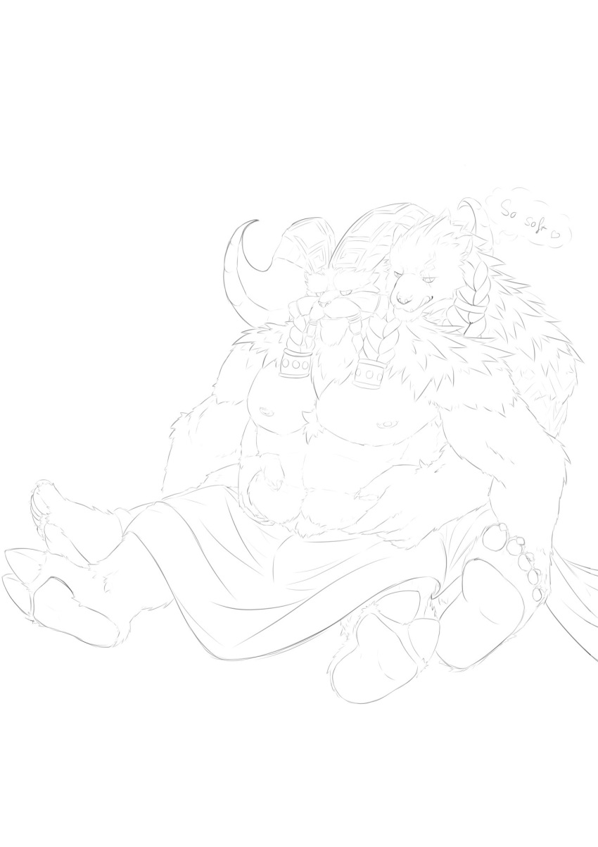 &lt;3 anthro ariehdarek beard belly belly_fondling belly_grab body_hair bovid braided_beard braided_hair breasts brother brothers caprine chest_hair chest_tuft cuddling duo facial_hair hair hairy hairy_arms hi_res hindpaw holding_breast hooves horn incest_(lore) league_of_legends looking_at_another looking_at_partner love male male/male mammal monochrome moobs ornn_(lol) paws polar_bear riot_games romantic shirtless shoulder_tuft sibling speech_bubble spooning tongue tongue_out tuft ursid ursine video_games volibear