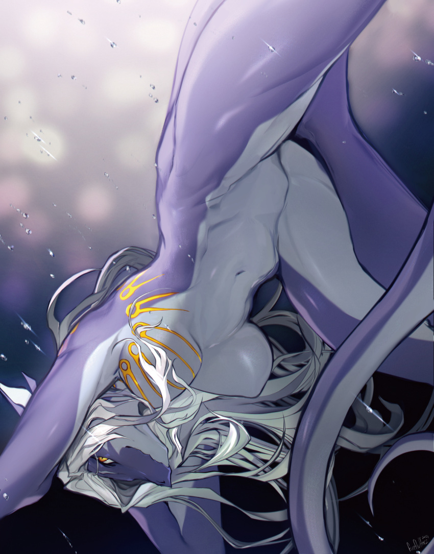 anthro aurelia_(vanguard) big_breasts blue_body blue_skin breasts dragon featureless_crotch female fireflufferz fish gold_markings hair hi_res long_tail looking_at_viewer marine markings nude shark solo upside_down white_hair yellow_eyes