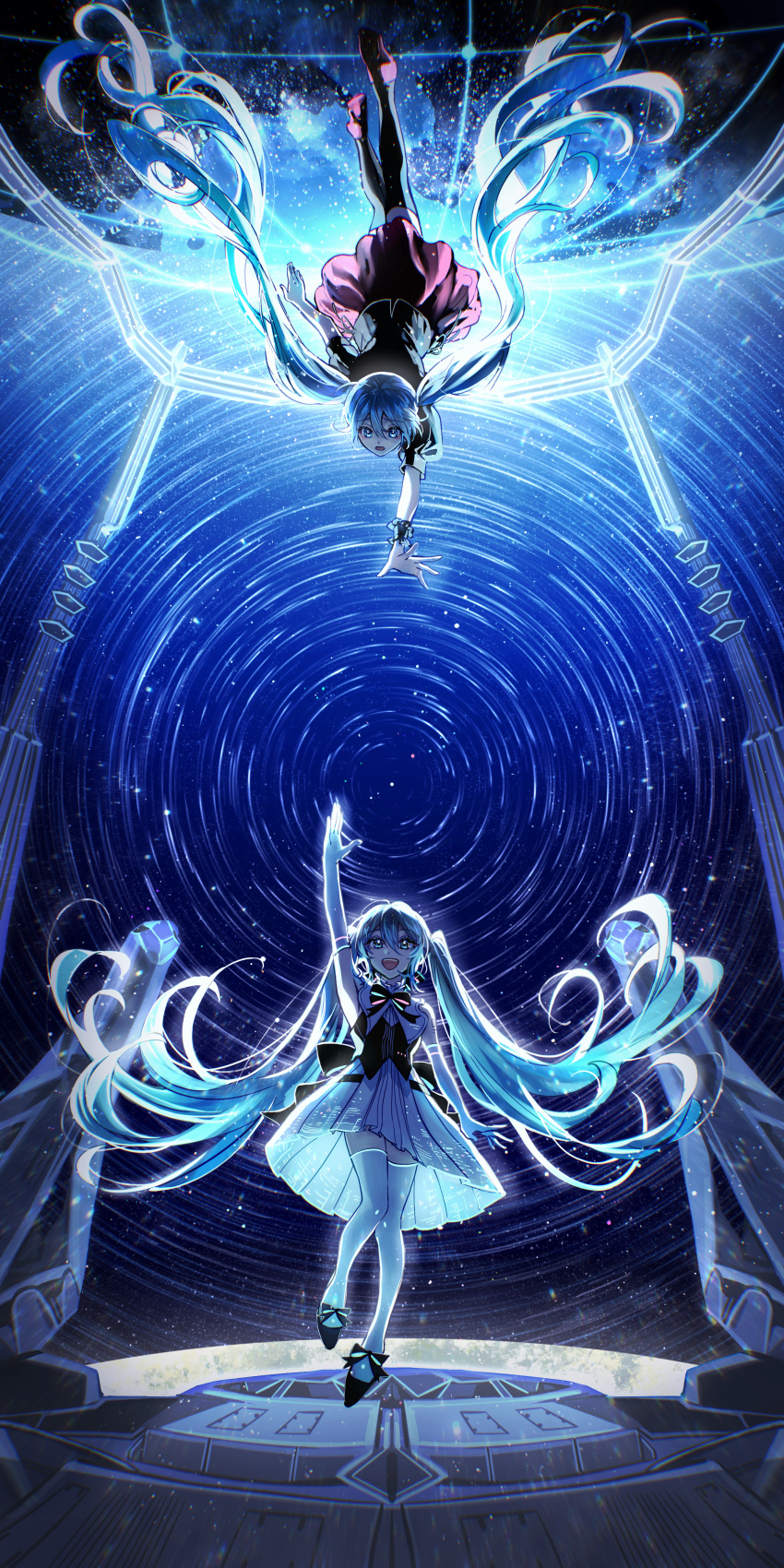 2girls absurdres anti-gravity aqua_dress aqua_hair bangs black_bow black_footwear black_shirt black_thighhighs blue_sky bow bowtie circle collared_dress commentary_request dress floating frilled_cuffs gloves glowing hatsune_miku high_heels highres kika light_particles long_hair looking_down looking_up miku_symphony_(vocaloid) multiple_girls night night_sky open_mouth pleated_dress puffy_short_sleeves puffy_sleeves purple_footwear purple_skirt reaching_out shiny shiny_hair shirt short_sleeves skirt sky sleeveless sleeveless_dress smile teeth thighhighs twintails upper_teeth upside-down vocaloid white_gloves white_thighhighs