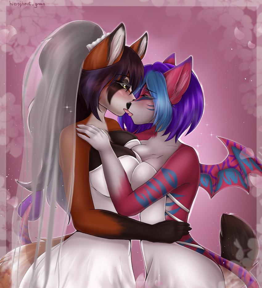 absurd_res anthro breasts canid canine demon duo embrace felid feline female female/female giant_panda hi_res hierophant_green_(artist) hug invalid_tag kissing mammal nude red ursid wedding