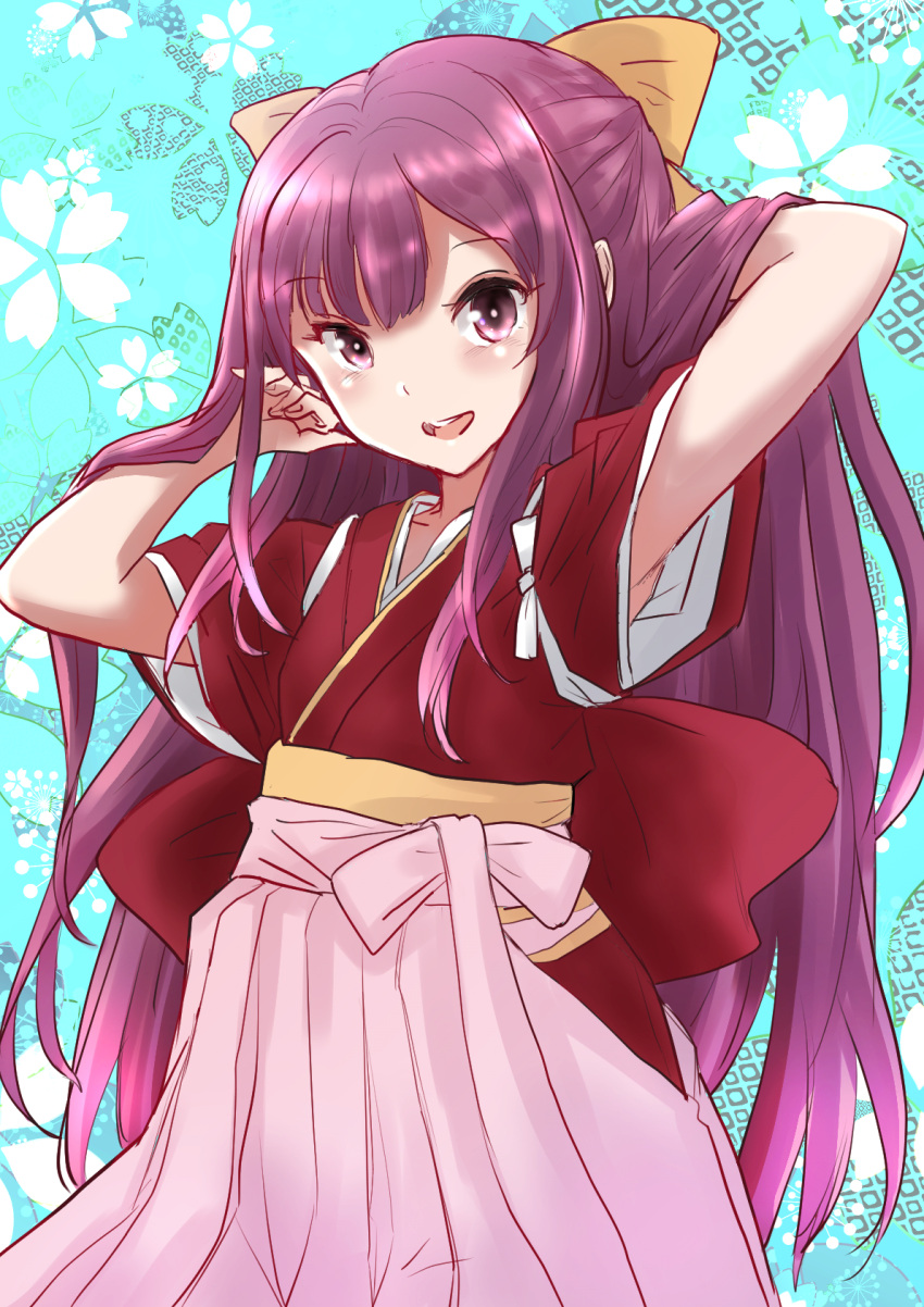 1girl arm_behind_head arms_up bow fuji_(pixiv24804665) hair_bow hakama highres japanese_clothes kamikaze_(kancolle) kantai_collection kimono long_hair meiji_schoolgirl_uniform pink_hakama purple_eyes purple_hair red_kimono sidelocks solo yellow_bow