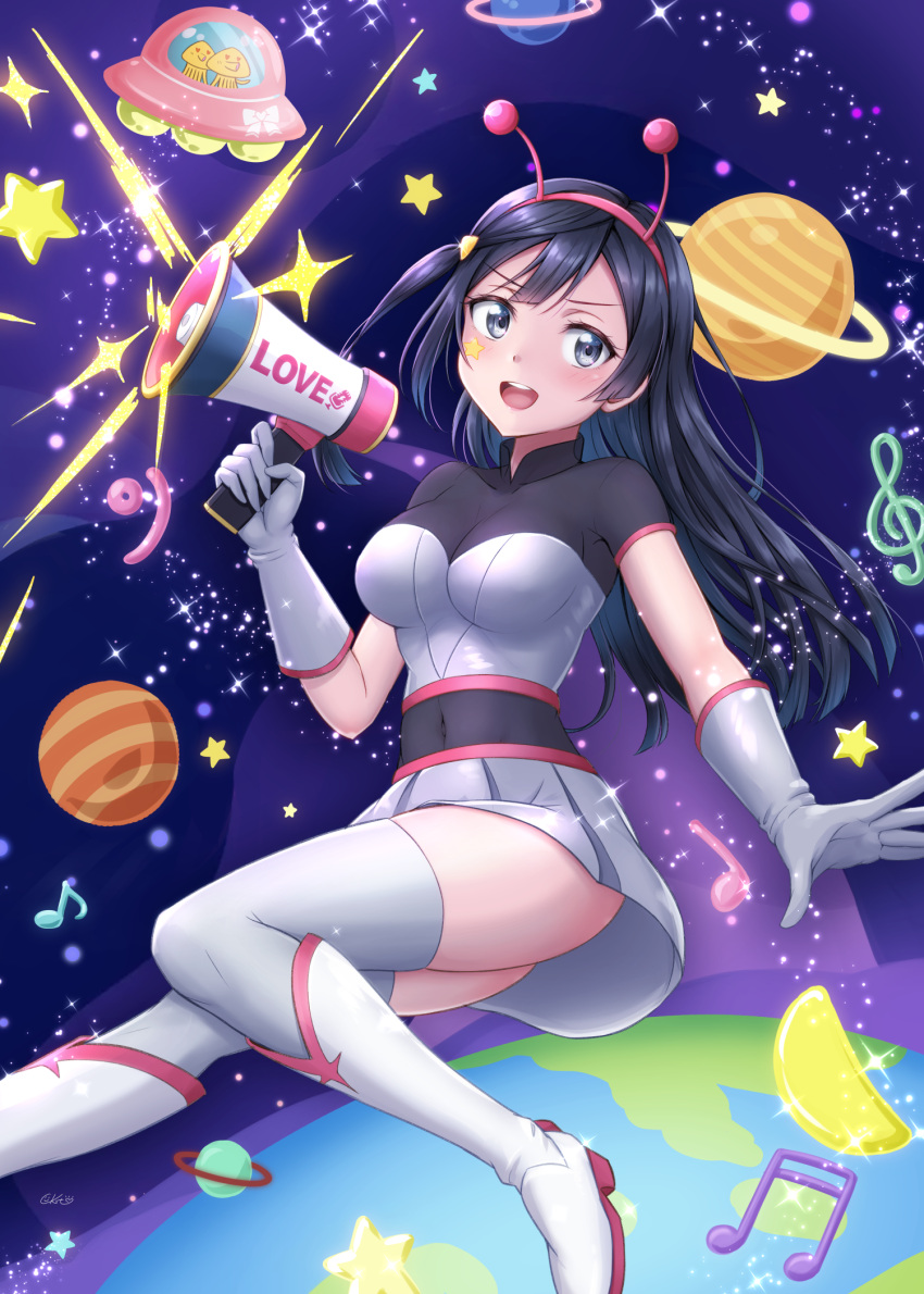 1girl alien antennae bangs black_hair blush boots breasts ckst cleavage collarbone commentary covered_navel earth_(planet) facial_tattoo fake_antennae flying_saucer gloves grey_eyes hair_ornament highres holding holding_megaphone jupiter_(planet) large_breasts light_particles long_hair looking_at_viewer love_live! love_live!_nijigasaki_high_school_idol_club mars_(planet) megaphone midriff miniskirt musical_note navel one_side_up planet saturn_(planet) see-through shiny shiny_hair short_sleeves sidelocks skirt smile solo space spacecraft star_(sky) star_(symbol) star_tattoo tattoo thighhighs ufo white_gloves yuuki_setsuna_(love_live!)