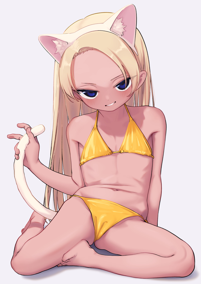 1girl absurdres animal_ear_fluff animal_ears bare_arms bare_legs bare_shoulders barefoot bikini blonde_hair blue_eyes blush bouen cat_ears cat_tail commentary_request fake_animal_ears flat_chest forehead full_body grey_background hairband highres holding_tail long_hair looking_at_viewer navel original parted_lips shadow simple_background smile solo swimsuit tail very_long_hair white_hairband yellow_bikini