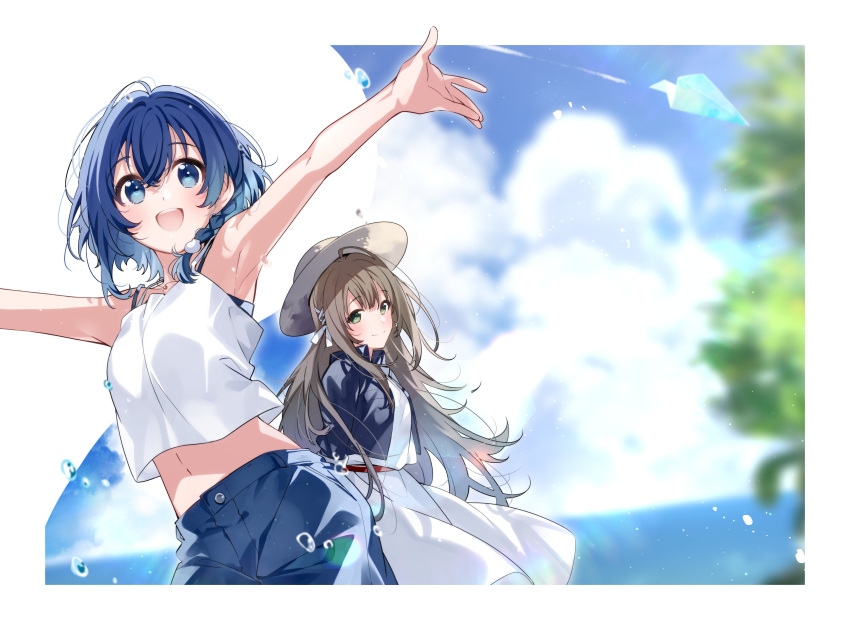 2girls absurdres armpits bare_arms blue_eyes blue_hair blue_sky braid brown_hair cloud day dress green_eyes hat highres long_hair misakino_kukuru miyazawa_fuuka multiple_girls official_art open_mouth outdoors outstretched_arms shell_hair_ornament shiroi_suna_no_aquatope sky spread_arms tank_top u35 white_dress