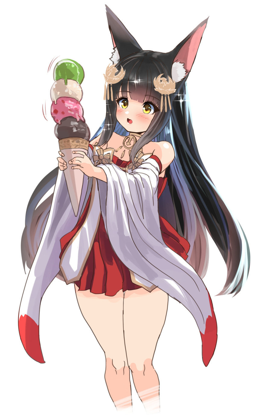 1girl absurdres animal_ear_fluff animal_ears azur_lane bare_shoulders black_hair blush brown_eyes detached_sleeves dress food fox_ears fox_girl hair_ornament hey_taisyou highres ice_cream ice_cream_cone long_hair nagato_(azur_lane) open_mouth quadruple_scoop red_dress short_dress simple_background solo sparkle strapless strapless_dress thighs white_background white_sleeves