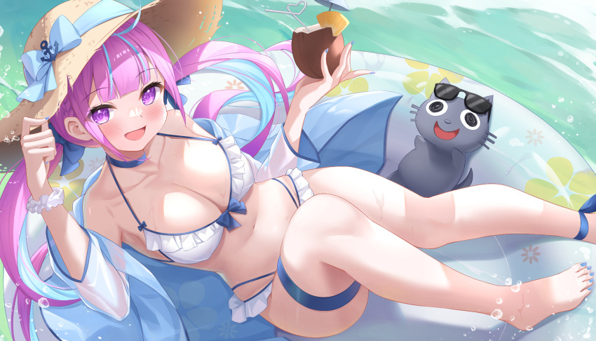 1girl :d ankle_ribbon aqua_hair bare_shoulders barefoot bikini blush bow bow_bikini breasts cleavage coconut coconut_cup drink frilled_bikini frills halterneck hand_on_headwear hat highres hololive innertube keikei_(kitty_colors) large_breasts leg_ribbon long_hair lying minato_aqua multicolored_hair nail_polish on_back pink_hair purple_eyes ribbon scrunchie see-through smile solo straw_hat streaked_hair sun_hat swimsuit toes virtual_youtuber water white_bikini wrist_scrunchie