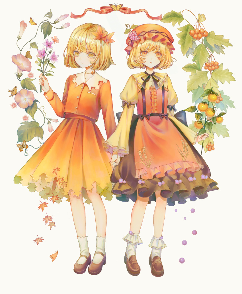 2girls aki_minoriko aki_shizuha apron autumn_leaves bangs black_ribbon black_skirt blonde_hair bobby_socks brown_footwear bug butterfly center_frills closed_mouth commentary_request flower food food-themed_hair_ornament frilled_shirt_collar frills fruit full_body grape_hair_ornament hair_ornament hat highres holding holding_flower holding_hands hourai_kiriri leaf loafers long_sleeves looking_at_viewer mary_janes mob_cap multiple_girls open_mouth orange_apron orange_eyes orange_headwear orange_shirt orange_skirt purple_flower ribbon shirt shoes short_hair siblings sisters skirt socks touhou white_background white_socks yellow_shirt