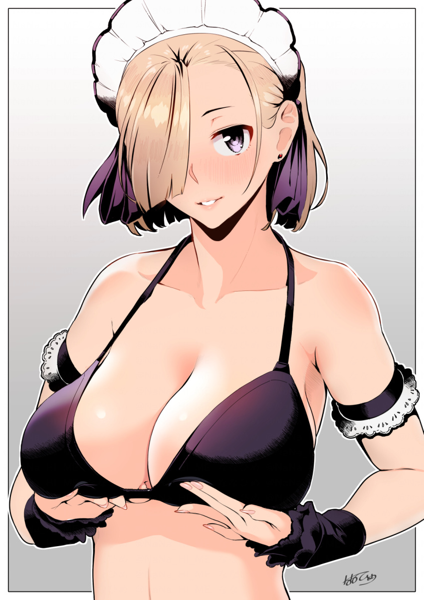 1girl arm_garter bangs bare_shoulders black_bra blonde_hair blush bra breast_hold breasts cleavage collarbone hair_over_one_eye hair_ribbon highres large_breasts looking_at_viewer maid_headdress nanahime original purple_eyes ribbon short_hair smile solo underwear