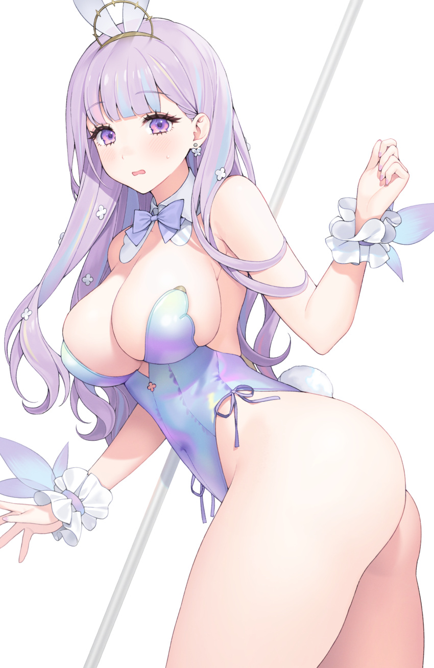 1girl absurdres armpit_crease ass azur_lane bangs bare_shoulders blue_bow blue_bowtie blunt_bangs blush bow bowtie breasts cleavage clover_earrings clover_hair_ornament covered_navel detached_collar earrings embarrassed fake_tail fingernails flower-shaped_pupils hair_behind_ear hair_ornament highres iridescent jewelry large_breasts leotard light_purple_hair long_hair looking_at_viewer looking_back nail_polish official_alternate_costume open_mouth playboy_bunny plymouth_(azur_lane) pole purple_eyes purple_hair purple_leotard purple_nails rabbit_tail simple_background solo strapless strapless_leotard sweatdrop symbol-shaped_pupils tail thighs white_background white_wrist_cuffs wrist_cuffs yeije