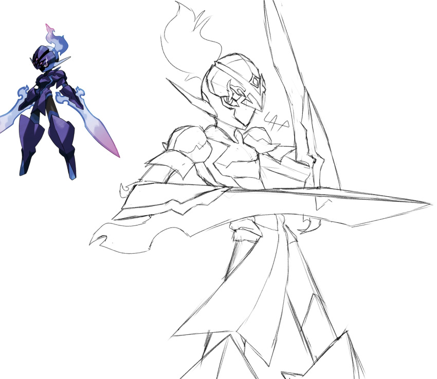 ambiguous_gender anthro armor black_body black_skin blue_fire ceruledge colored_fire fire ghost hi_res knight lewdaesthetics nintendo pokemon pokemon_(species) purple_armor purple_body purple_eyes purple_fire solo spirit video_games warrior