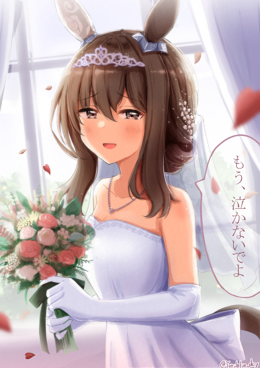 absurdres admire_vega_(umamusume) alternate_costume animal_ears blue_sky_aosan commentary_request curtains dress flower highres holding holding_flower horse_ears horse_girl looking_at_viewer open_mouth petals ponytail translation_request umamusume wedding_dress window