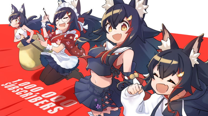 1girl :d aged_down animal_ear_fluff animal_ears black_hair black_pantyhose black_serafuku black_shirt black_skirt blush bob-the-bison choker cropped_shirt flipped_hair hair_ornament hairclip hololive japanese_clothes kimono long_hair low-tied_long_hair milestone_celebration miniskirt multicolored_hair multiple_persona neckerchief necktie ookami_mio pantyhose pleated_skirt red_choker red_hair red_kimono red_neckerchief red_necktie sailor_collar sailor_shirt school_uniform serafuku shirt side_slit skirt sleeveless smile spiked_hair streaked_hair tail tail_around_leg tail_wrap very_long_hair virtual_youtuber wolf_ears wolf_girl wolf_tail yellow_eyes