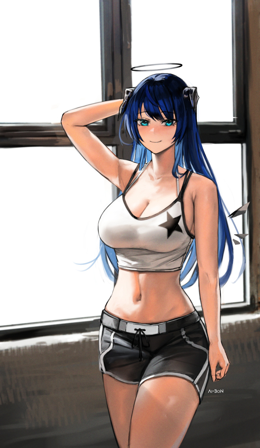 1girl absurdres ai-bon arknights arm_up bangs bare_arms bare_shoulders black_shorts blue_eyes blue_hair breasts camisole cleavage commentary_request cowboy_shot crop_top halo highres horns indoors large_breasts long_hair looking_at_viewer midriff mostima_(arknights) navel official_alternate_costume short_shorts shorts smile solo spaghetti_strap standing star_(symbol) star_print stomach thighs very_long_hair window