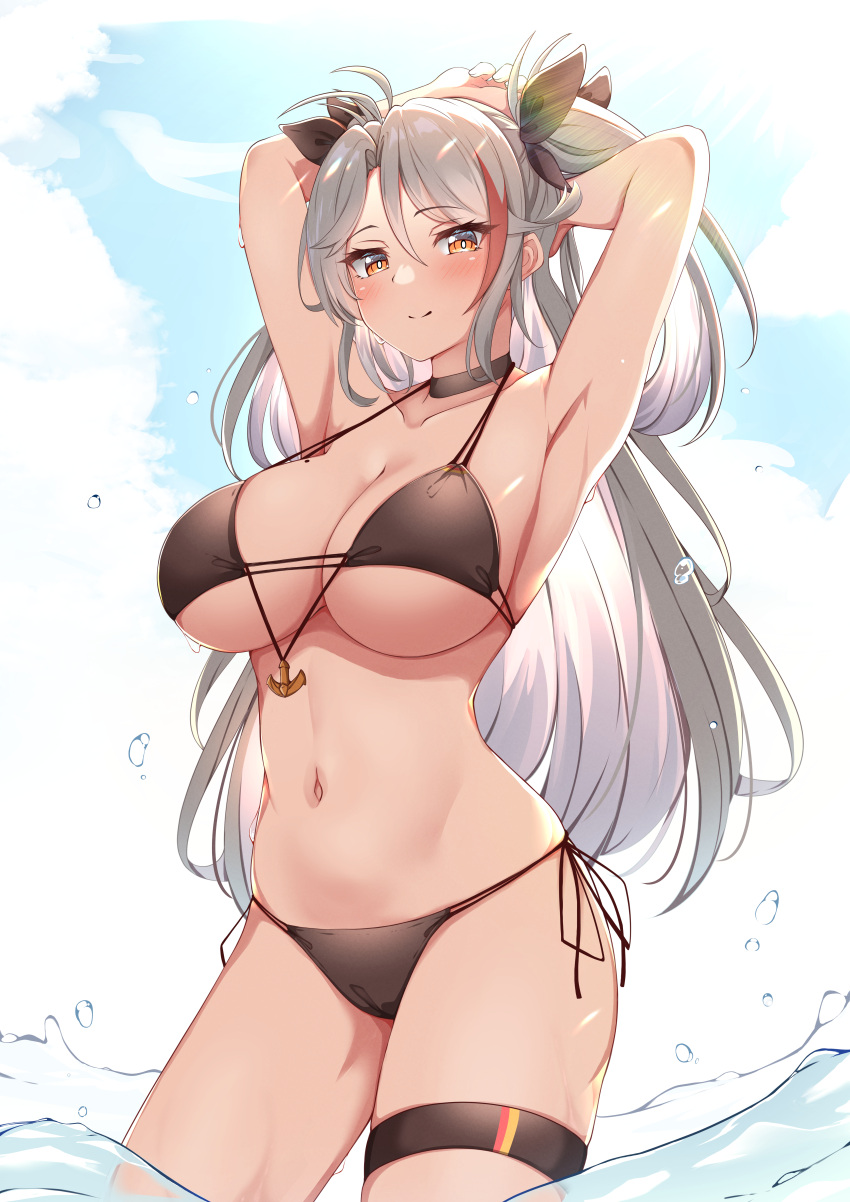 1girl absurdres armpits arms_behind_head arms_up azur_lane bangs bikini black_bikini black_choker blush breasts choker cleavage commentary_request flag_print german_flag_bikini highres large_breasts long_hair looking_at_viewer moyoron multicolored_hair navel official_alternate_costume prinz_eugen_(azur_lane) prinz_eugen_(unfading_smile)_(azur_lane) red_hair ribbon side-tie_bikini_bottom solo streaked_hair swimsuit thigh_strap two_side_up very_long_hair wading