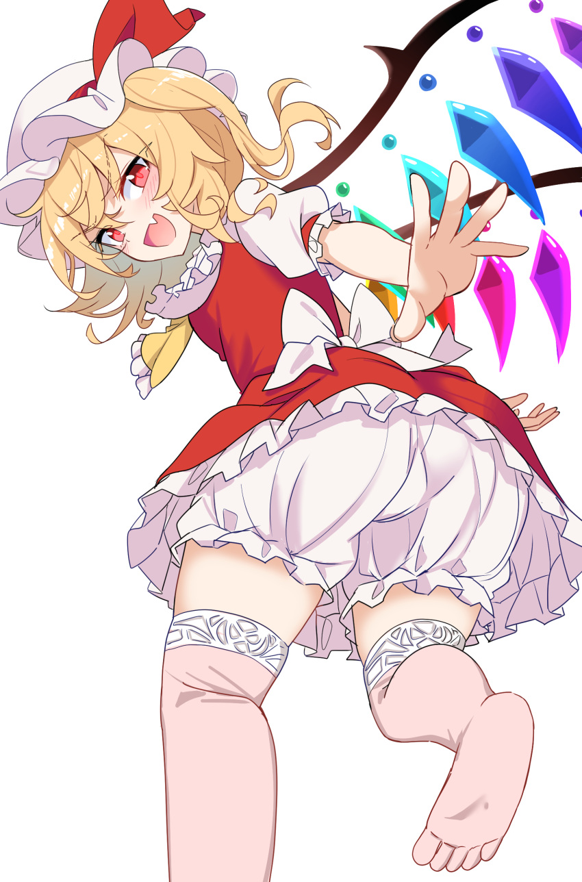 1girl absurdres blonde_hair bloomers crystal e.o. feet flandre_scarlet hat hat_ribbon highres mob_cap open_mouth puffy_sleeves red_eyes red_skirt ribbon short_sleeves simple_background skirt soles solo touhou underwear vest white_background white_bloomers white_headwear wings