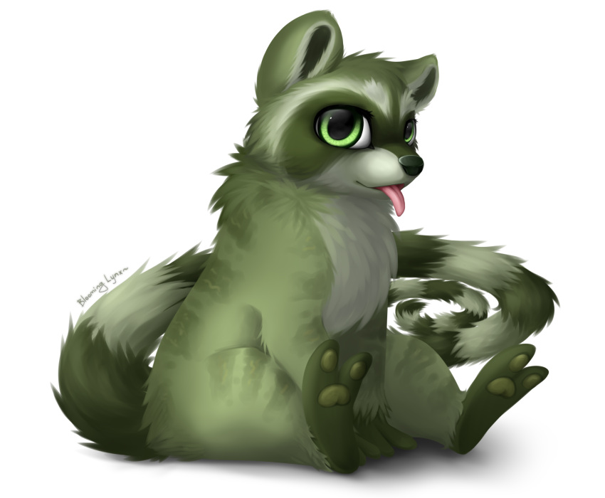 alpha_channel ambiguous_gender arm_tuft back_tuft bloominglynx butt_tuft cheek_tuft chest_tuft facial_tuft fur green_body green_ears green_eyes green_fur green_nose green_pawpads green_tail hi_res mammal markings open_mouth pawpads pink_tongue procyonid raccoon semi-anthro simple_background sitting solo striped_body striped_fur striped_markings striped_tail stripes tail_markings tongue tongue_out transparent_background tuft unseen_character