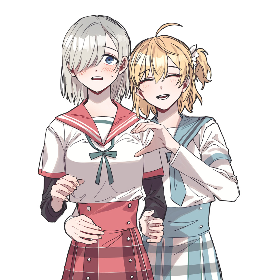 2girls 8_28_3_9 :d ahoge aqua_ribbon ayano_rika bad_id bad_twitter_id bangs black_sleeves blonde_hair blue_eyes blue_necktie blue_sailor_collar blue_skirt blush buttons chuuou_academy_school_uniform closed_eyes dot_nose gingham_skirt grey_hair hair_between_eyes hair_over_one_eye hand_on_another's_hip heart_hands_failure highres isuzu_ren kamihama_university_affiliated_school_uniform layered_sleeves long_bangs long_sleeves looking_at_viewer magia_record:_mahou_shoujo_madoka_magica_gaiden mahou_shoujo_madoka_magica multiple_girls neck_ribbon necktie open_mouth plaid plaid_skirt red_sailor_collar red_skirt ribbon sailor_collar sailor_shirt school_uniform serafuku shirt short_hair short_necktie short_over_long_sleeves short_sleeves simple_background skirt smile sweat swept_bangs teeth two_side_up upper_teeth white_background white_shirt yuri