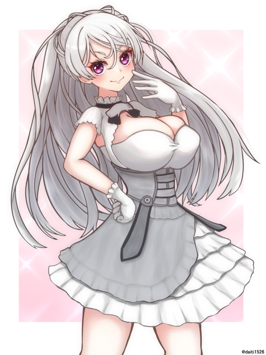 1girl armpit_cutout breasts cleavage_cutout clothing_cutout commentary_request commission conte_di_cavour_(kancolle) conte_di_cavour_nuovo_(kancolle) corset daichi_(daiti1318) dress frilled_dress frills gloves grey_hair hand_on_hip highres kantai_collection large_breasts layered_dress long_hair long_sleeves looking_at_viewer pixiv_request purple_eyes solo standing two-tone_dress two_side_up white_dress white_gloves