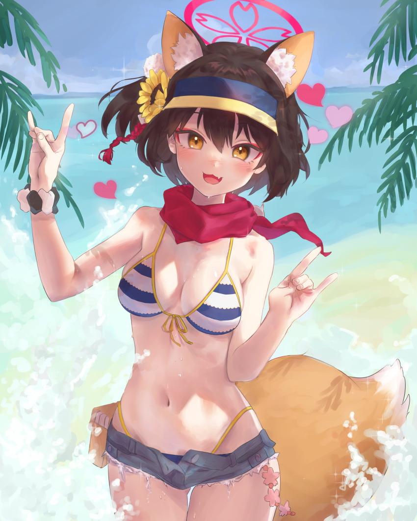 :3 absurdres animal_ear_fluff animal_ears beach bikini blue_archive blue_sky blush brown_hair day denim denim_shorts eyeshadow fang fox_ears fox_girl fox_shadow_puppet fox_tail front-tie_bikini_top front-tie_top hair_ornament halo highleg highleg_bikini highres horizon izuna_(blue_archive) izuna_(swimsuit)_(blue_archive) makeup micro_shorts navel ocean open_mouth outdoors palm_tree pink_eyeshadow pink_scarf pisik pom_pom_(clothes) pom_pom_hair_ornament sand scarf scrunchie short_hair shorts sky smile striped striped_bikini swimsuit tail tree water wrist_scrunchie yellow_eyes