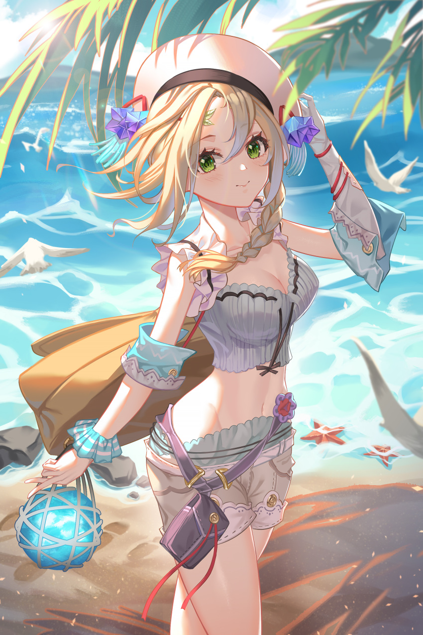 1girl absurdres al_guang atelier_(series) atelier_firis bare_shoulders beach belt belt_pouch bird blonde_hair blush braid breasts cleavage closed_mouth collarbone cowboy_shot crop_top day elbow_gloves firis_mistlud gloves gradient_hair green_eyes grey_shorts hat hat_ornament highres holding long_hair looking_at_viewer multicolored_hair navel ocean outdoors photoshop_(medium) pouch scrunchie short_shorts shorts side_braid single_glove smile solo water white_gloves white_hair white_headwear wrist_scrunchie