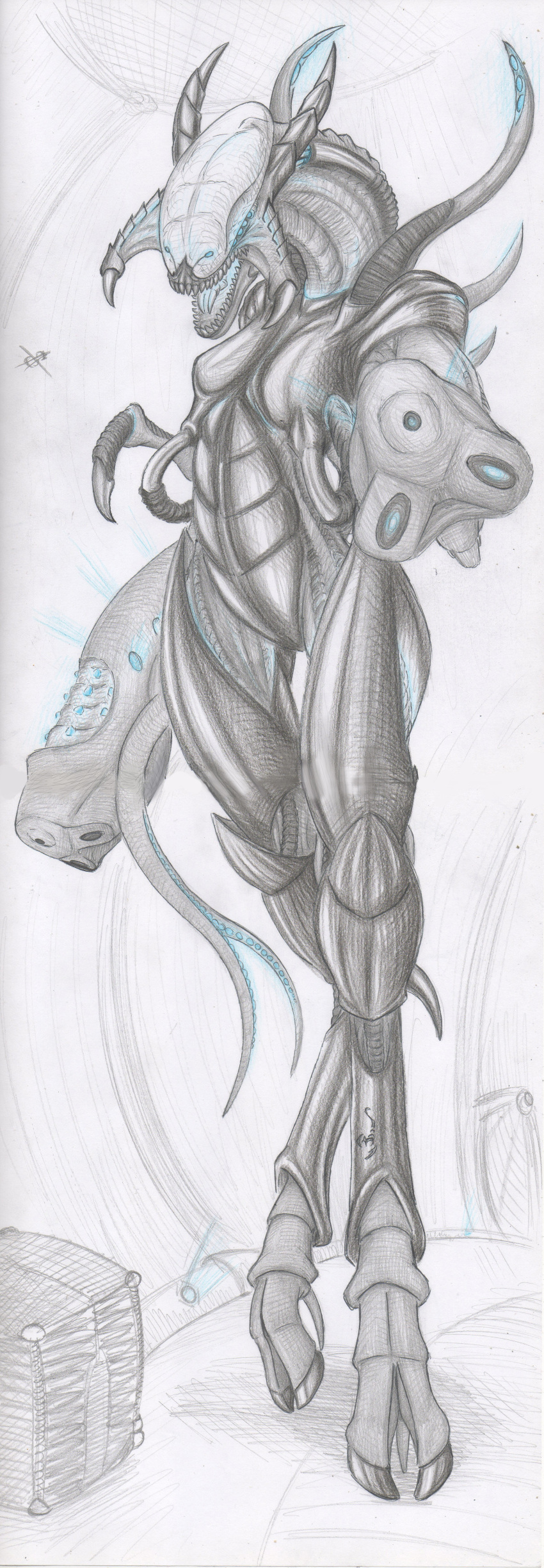 2019 absurd_res alien ambiguous_gender cloven_hooves digitigrade graphite_(artwork) gun hi_res hooves inside kreed looking_at_viewer pencil_(artwork) pointing_gun_at_viewer ranged_weapon solo spiritalpha standing tiglaari traditional_media_(artwork) weapon