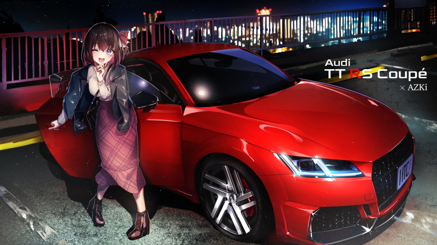 1girl ;d audi audi_tt azki_(hololive) bangs black_hair car character_name commentary_request ground_vehicle highres hololive license_plate motor_vehicle multicolored_hair night one_eye_closed open_mouth pink_hair purple_eyes railing short_hair smile solo sports_car standing vehicle_focus vehicle_name virtual_youtuber you'a
