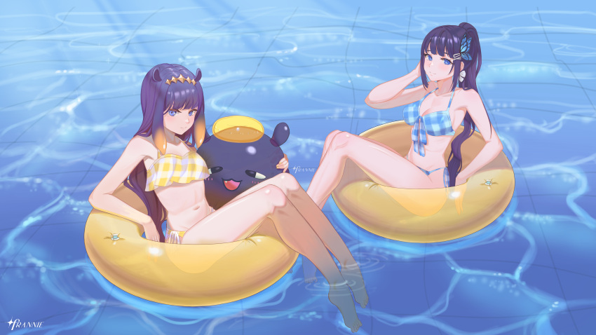2girls absurdres aoi_nabi bangs bikini blue_eyes blunt_bangs breasts butterfly_hair_ornament cleavage closed_mouth day franniexo front-tie_bikini_top front-tie_top gradient_hair hair_ornament halo high_ponytail highres hololive hololive_english indie_virtual_youtuber innertube long_hair looking_at_viewer medium_breasts mole mole_under_eye multicolored_hair multiple_girls ninomae_ina'nis orange_hair outdoors partially_submerged pool purple_hair ripples side-tie_bikini_bottom sidelocks sitting small_breasts smile soaking_feet swimsuit takodachi_(ninomae_ina'nis) tentacle_hair virtual_youtuber water