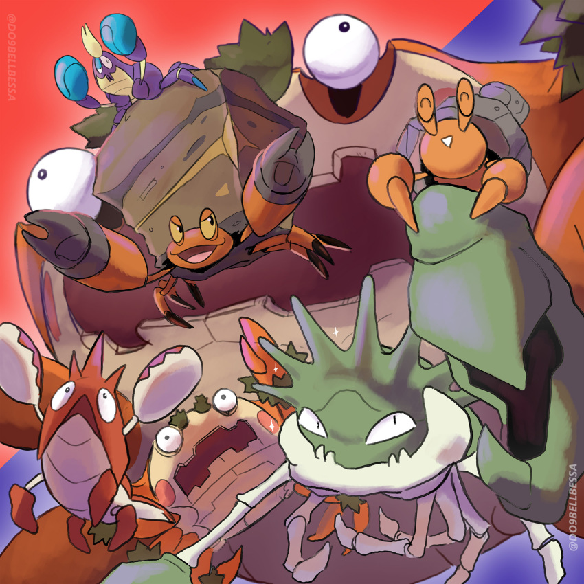 alternate_color blue_background corphish crab crabrawler crustle do9bessa dwebble eye_pop highres kingler klawf no_humans open_mouth orange_background pokemon pokemon_(creature) shiny_pokemon titan_pokemon