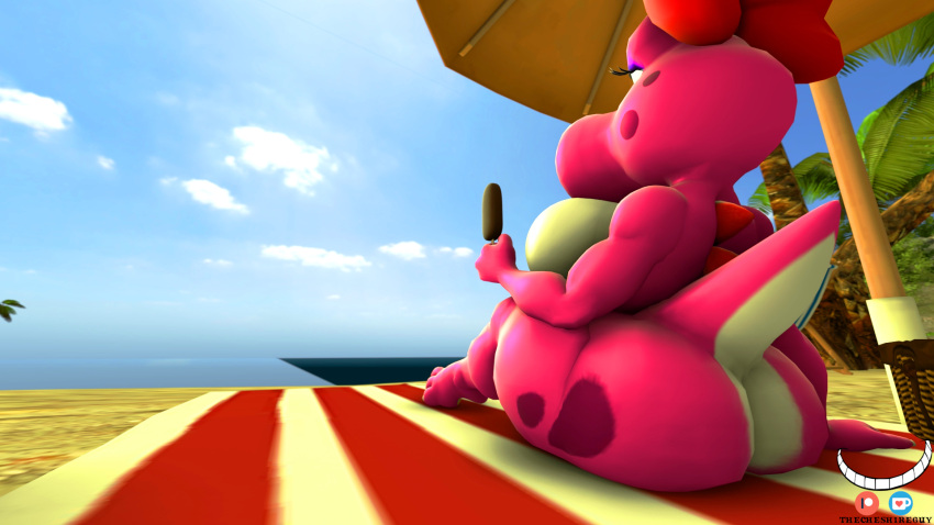 16:9 3d_(artwork) accessory anthro beach beach_blanket beach_chair beach_umbrella big_breasts big_butt birdo bow_(feature) bow_accessory bow_ribbon breasts butt centered_hair_bow detailed_background digital_media_(artwork) featureless_breasts featureless_crotch female food hair_accessory hair_bow hair_ribbon hi_res holding_food holding_object holding_popsicle mario_bros nintendo pink_body plant popsicle red_bow reptile ribbons sand scalie sea seaside sitting solo source_filmmaker thecheshireguy thick_thighs tree umbrella video_games water widescreen